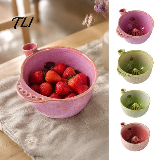 Strawberry Washing Tool Ceramic Berry Bowl with Drainage Hole, 360 Degree Self Rinse Basket Rinsing Fruit Bowl, Fresh Vegetable Cleaning Strainer