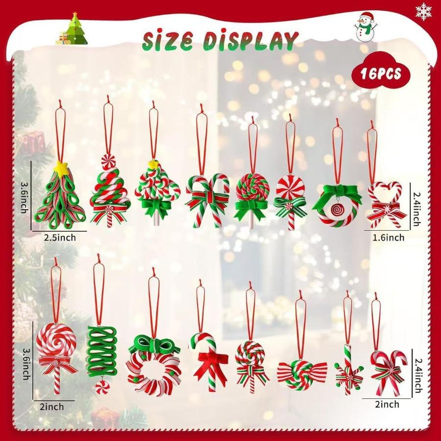 16Pcs Mini Christmas Candy Cane Ornaments Polymer Clay Peppermint Lollipop Pendants Xmas Tree Hanging Decor