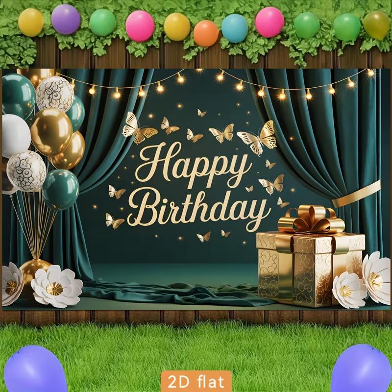 2D Green Gold Birthday Photography Backdrop Curtain & Butterfly Photo Booth Banner