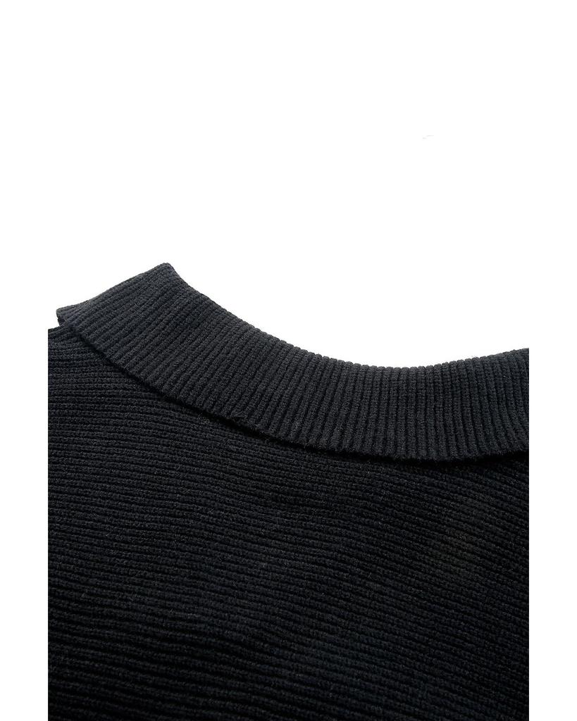 Azura Exchange Black Ribbed Knit Lapel Neck Curvy Sweater