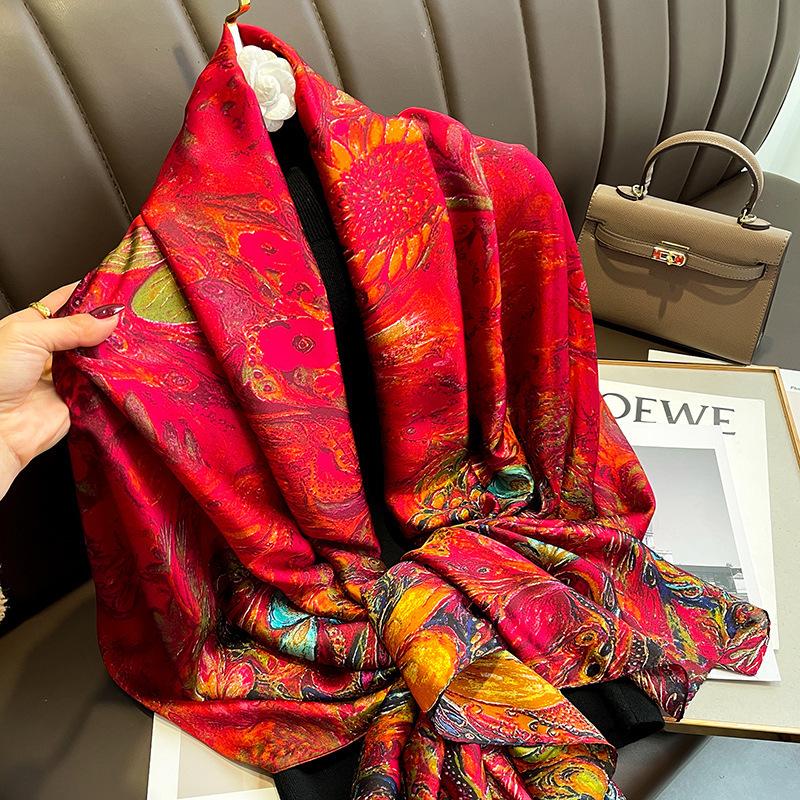 New Luxury Brand Silk Scarf Women Summer Beach Satin Shawl Design Wrap Print Hijab Spring Large Headscarves Stoles Bandana 2022