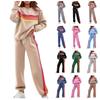 Fashionable Women's Round-Neck Loose Color-Striped Elastic Waist Sweatpants Set
