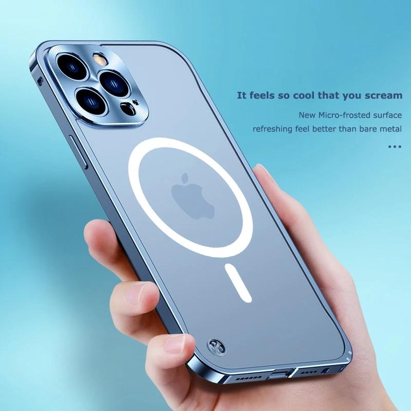 Металлический магнитный чехол для телефона iPhone 15 11 12 13 14 15 Pro Max 14plus для Magsafe с беспроводной зарядкой, алюминиевые матовые полупрозрачные чехлы