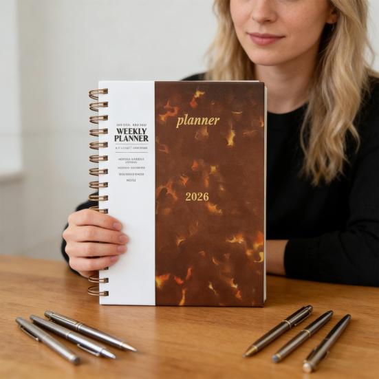 Большой блокнот-планер на спирали на 2026 год с полностраничным еженедельным и ежемесячным разворотом, органайзер на 15 месяцев учебного года, твердая обложка, профессиональный офисный планер.