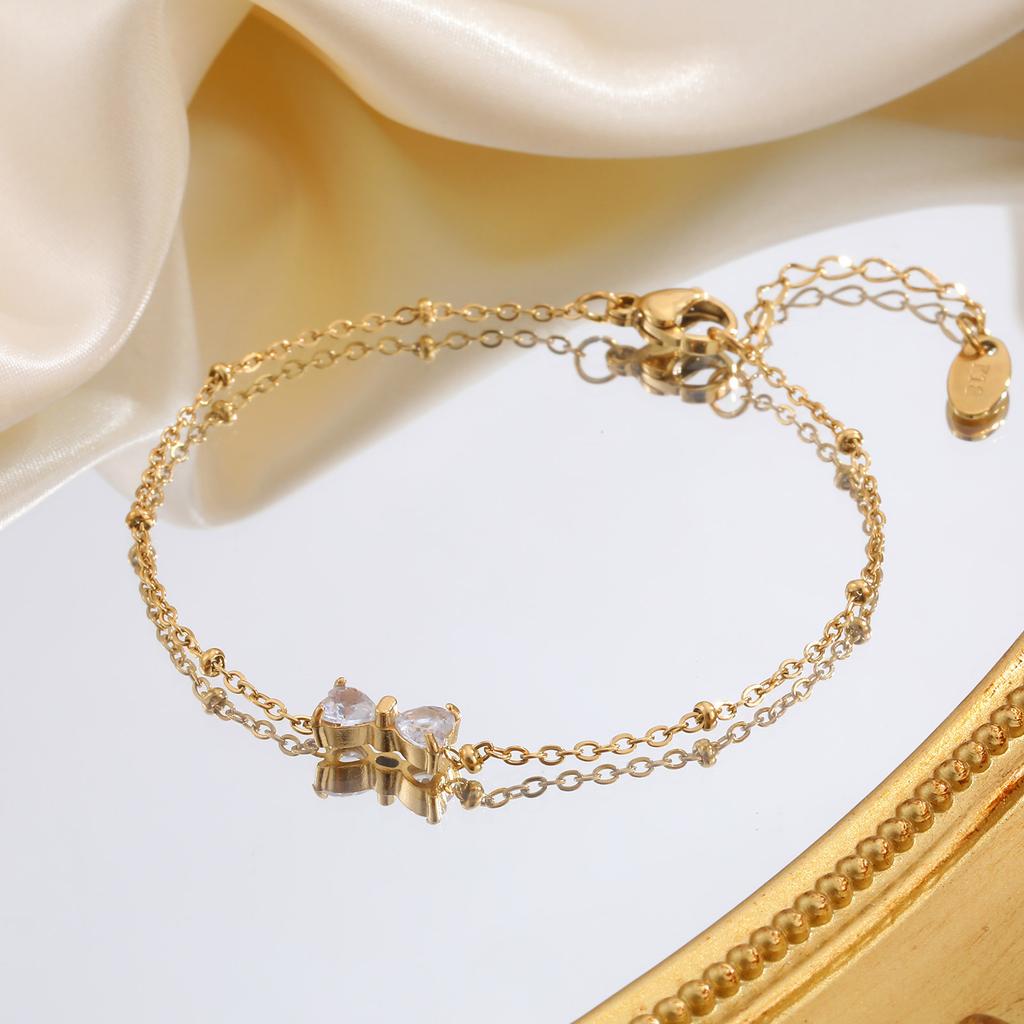 Cubic Zirconia Bow-tie Charms Bracelet For Women, Stainless Steel Satellite Chain Adjustable, CZ Bowknot Bracelets