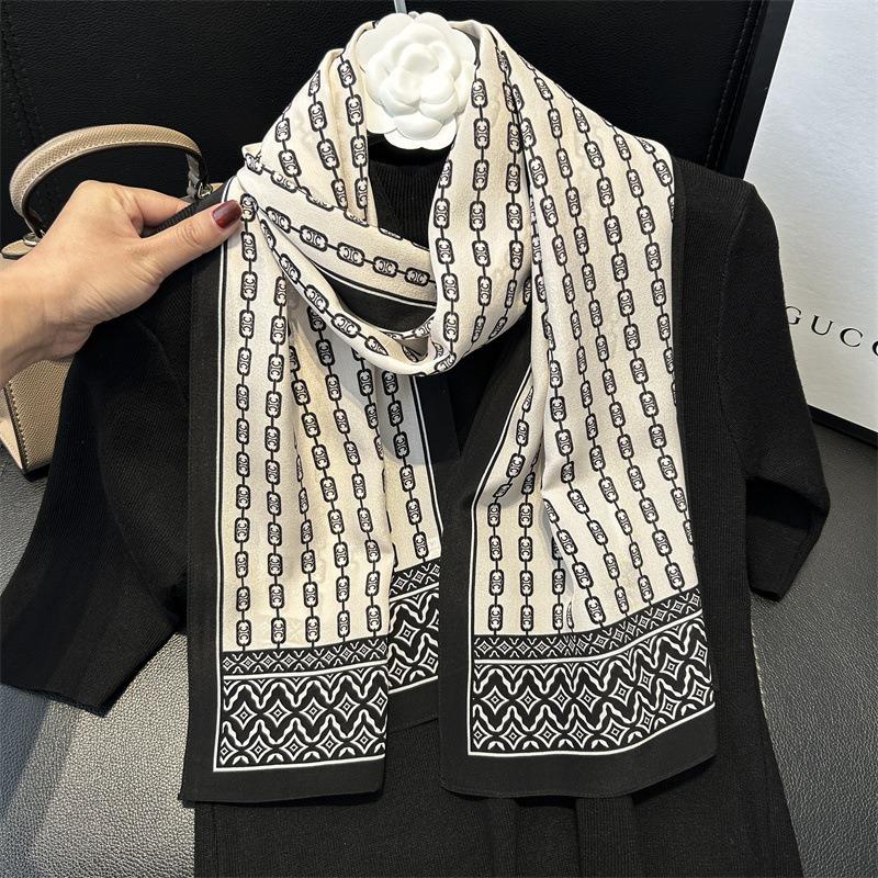 Nordic Style Silk Scarf Square Scarf Femininity Letter 100 Mulberry Silk Small Long Silk Scarf Fashion Scarf