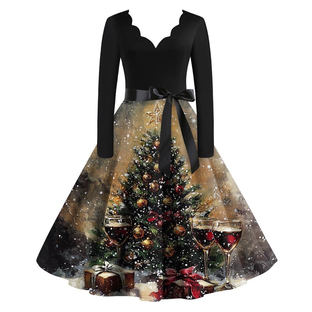 Women's Christmas Printed V-neck Large Hem Dress Long Sleeve Dress