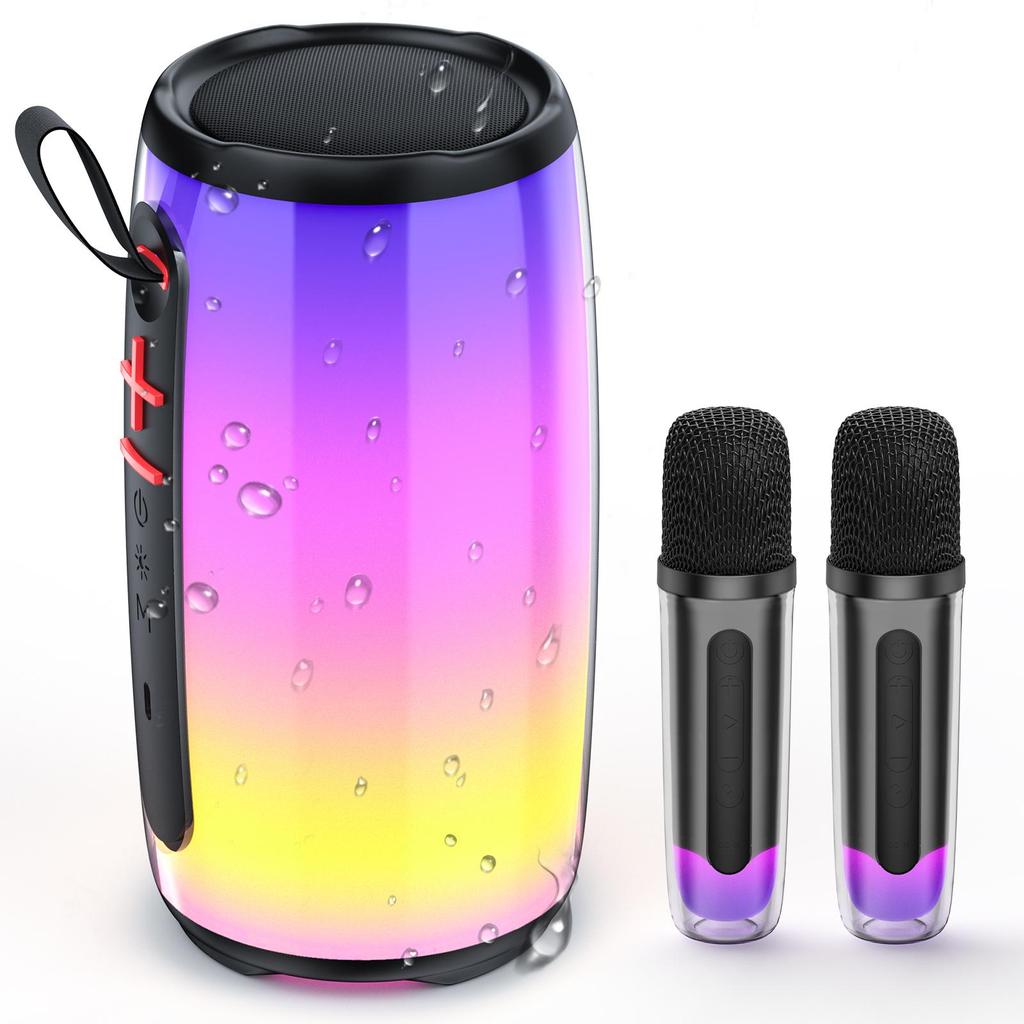 Speaker with Mic System for Singing, Portable Bluetooth Speakers with Dazzling Light and 2 Wireless Microphones for Adults, Mini Karaoke Set for Home