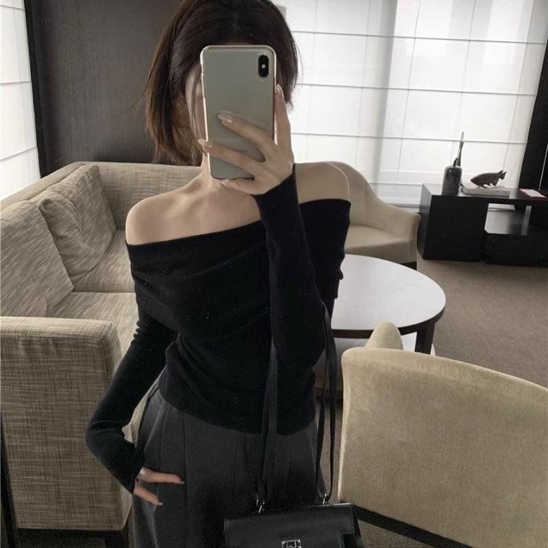 Sexy New Elegant Shoulder Off Pullovers Women Solid Knitted Thin Slim Basic Sweet Tops Female Korean Fashion Designer Casual Knitwear Jumper 2024
