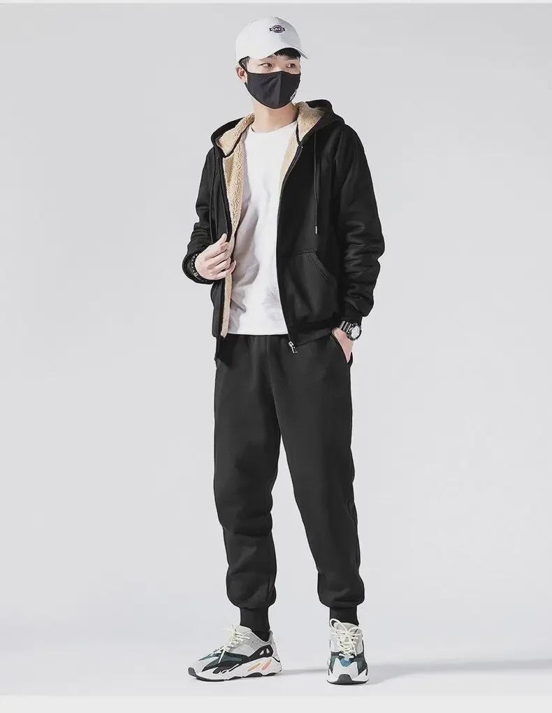 Men's Winter Lambskin Fleece Sports Suit - Loose Fit Velvet Sweater & Pants Set