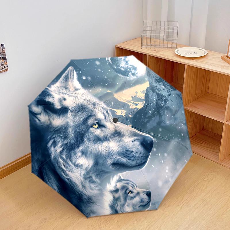 1 шт. Автоматический складной зонт - Красивый узор с волком, Портативный и складной дизайн с 8 спицами, Рождественские и новогодние подарки