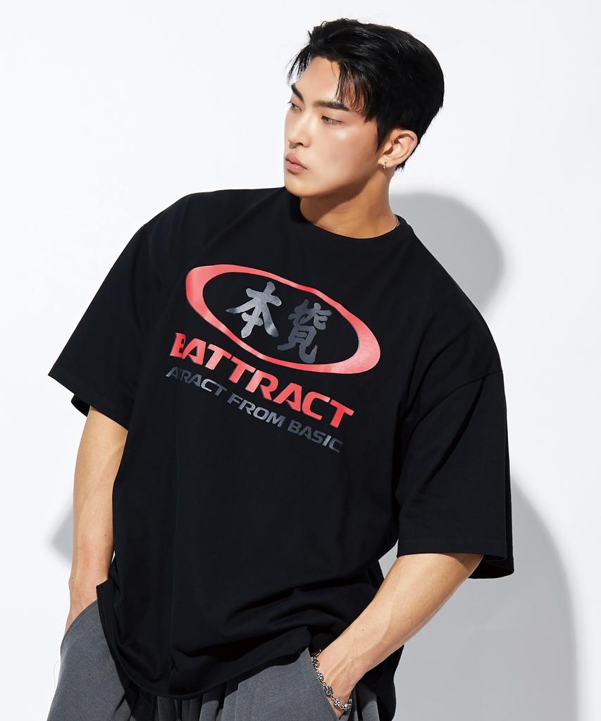 BATTRACT Round Red Essence Oversized Short Sleeve T-Shirt_Black