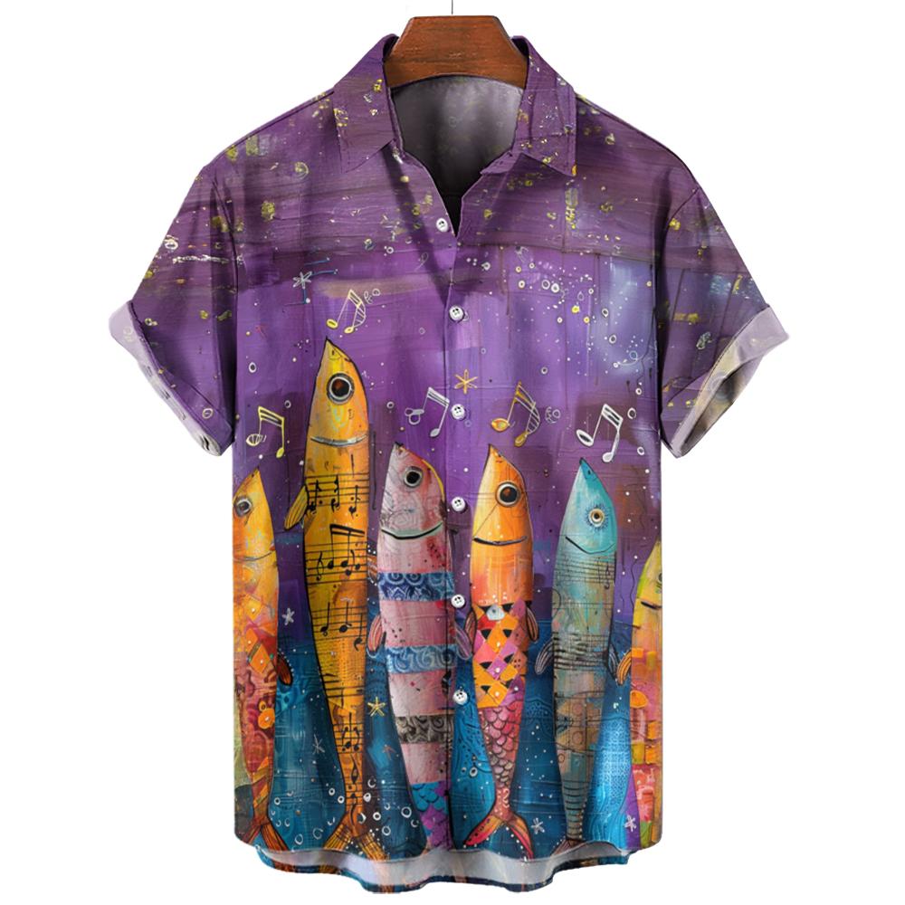 Men's Hawaiian Shirts 3D Print Fish Graphics Fashion Button Short Sleeve Lapel Streetwear Hawaiian Blouse Shirts for Men Summer