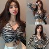 Женская тонкая сексуальная футболка с длинными рукавами в полоску зебры и пупком, топы