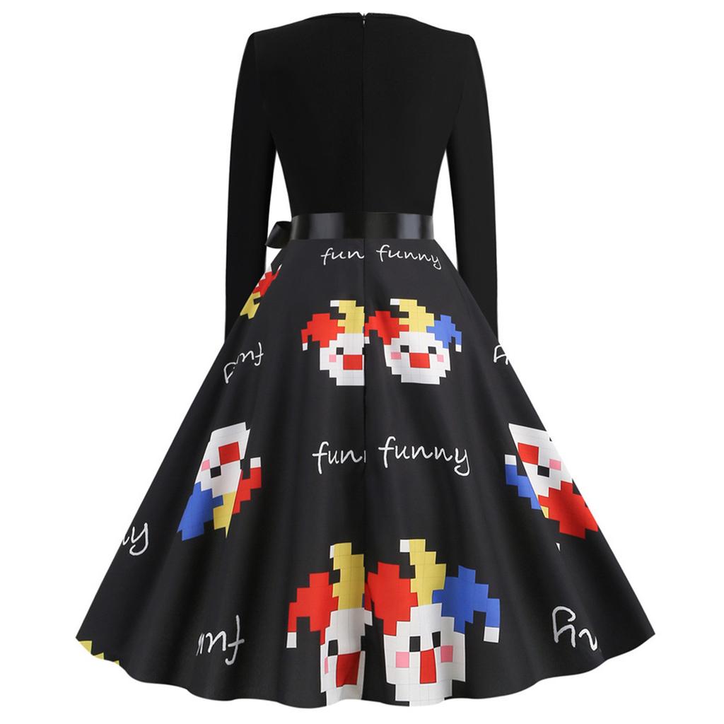 Women's Fashion Print Long Sleeve V-Neck Casual Halloween Hem Dress