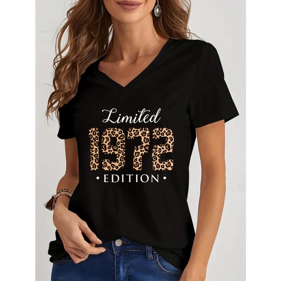 Ограниченный выпуск 1974 года, футболка с принтом, уличная одежда, леопардовый принт, женская футболка Harajuku, женская одежда, футболка с V-образным вырезом и узором на день рождения