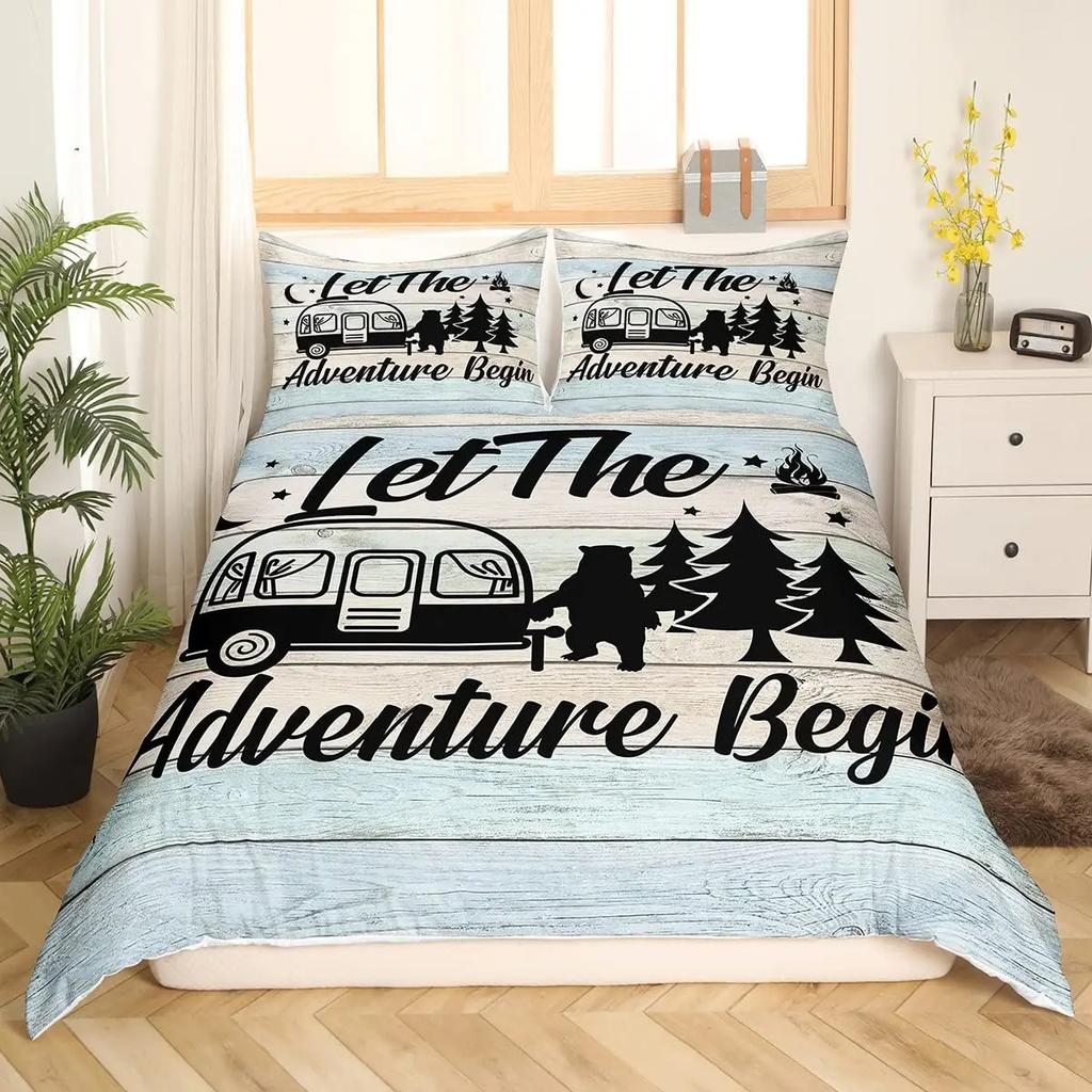 Happy Camping Duvet Set Retro Style Bedding Set Three-Piece Set