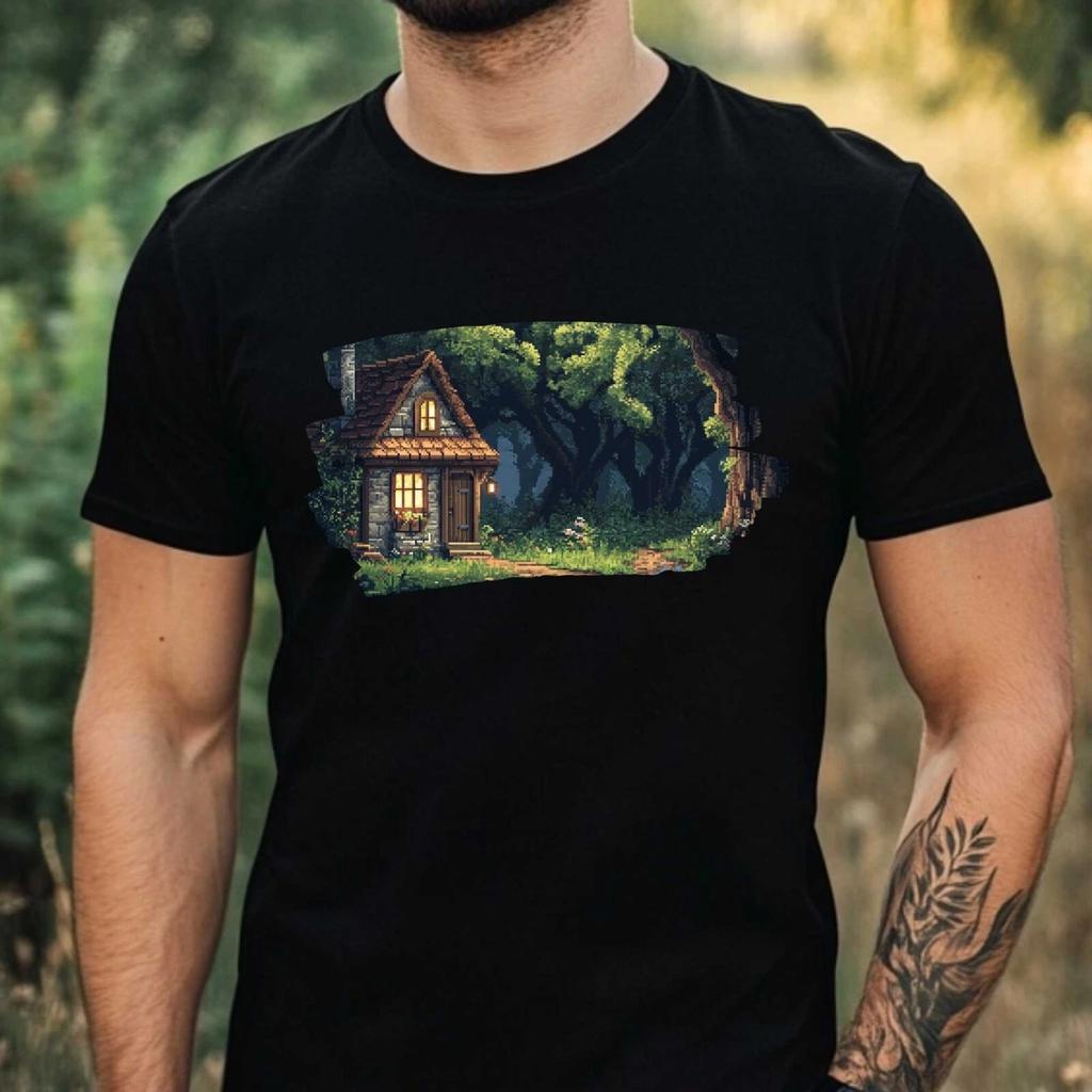 T-Shirt Herren Holzfällerhütte Pixel Art Motiv Baumwolle Größe XS bis 5XL