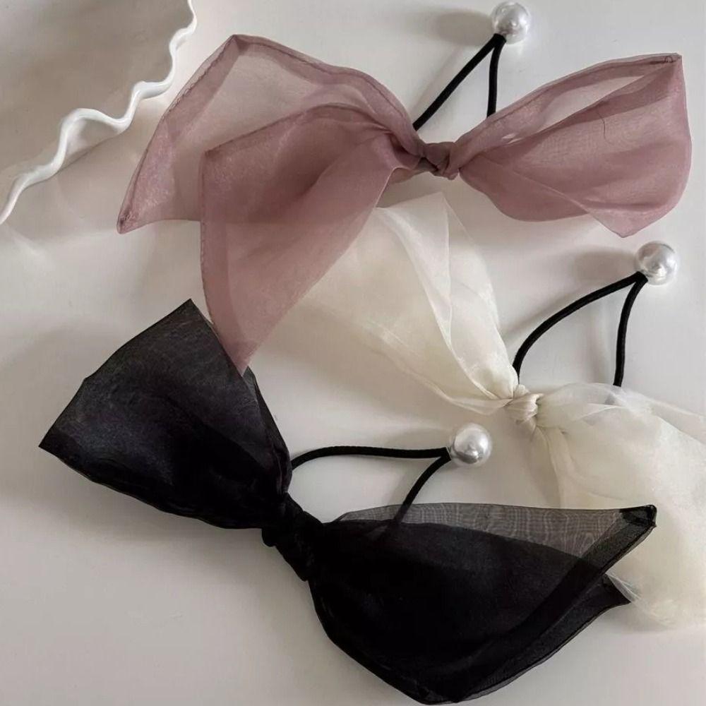 Mesh Pearl Bow Hair Loop Elastic Hair Rope Cute Headstring  Women Girl