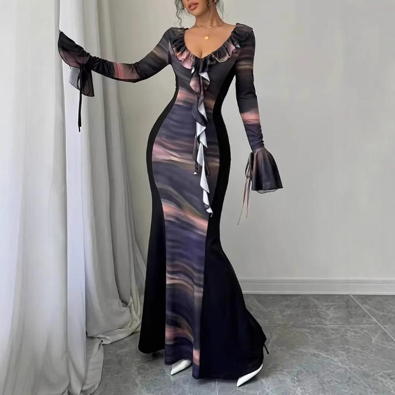 Женское модное платье с принтом тай-дай и складками, сексуальное обтягивающее платье с V-образным вырезом и рыбьим хвостом