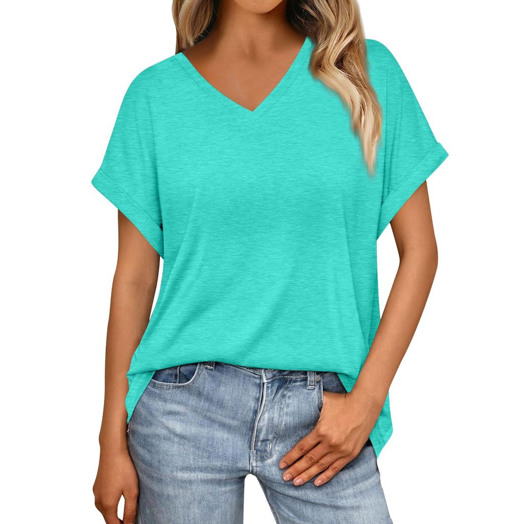 Women's Summer Fashion Solid Color V-Neck Loose Short Sleeve T-Shirt Top