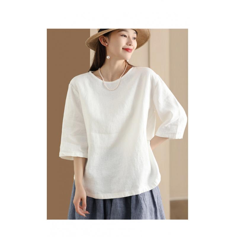 1116 pullover loose round neck versatile solid color top temperament casual linen shirt