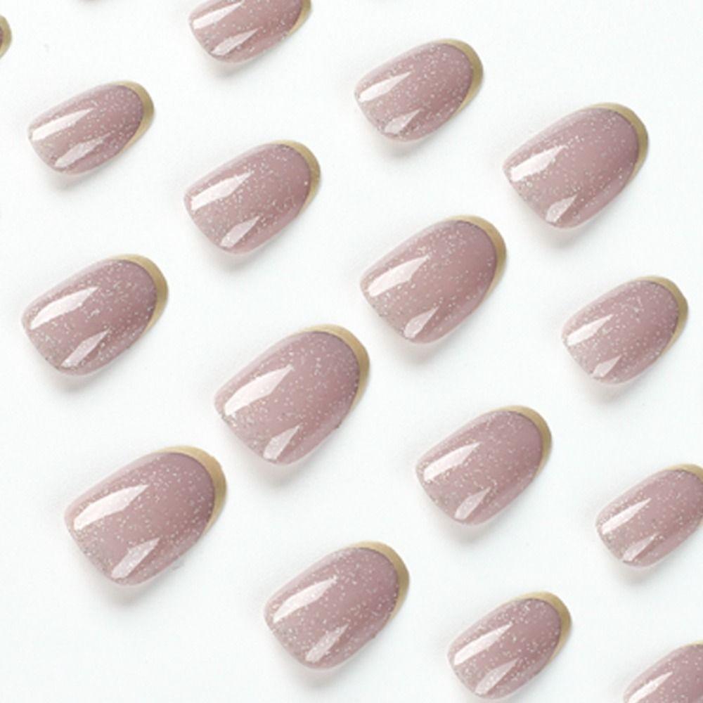 24pcs Manicure Press on Nails DIY Short Almond French False Nails Pink Grey