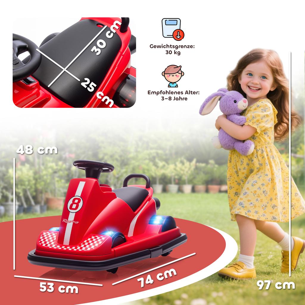Bumper cars for children, 360-degree rotation, steering wheel, LED lights, music function, ages 3-8, red