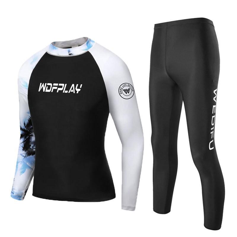 Mens UV Protection Rash Guard Set Long Sleeve Top Pants Quick Dry Wetsuit Surfing Diving Swimming