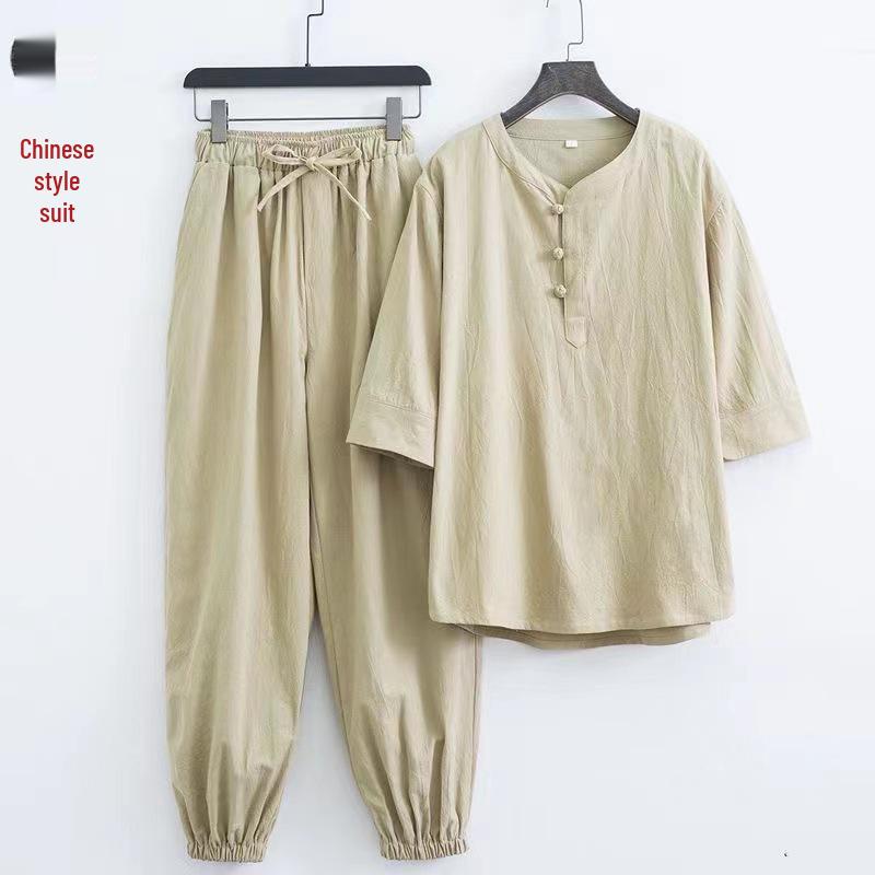 Мужской летний хлопково-льняной комплект в китайском стиле с застежками-лягушками и рукавами три четверти