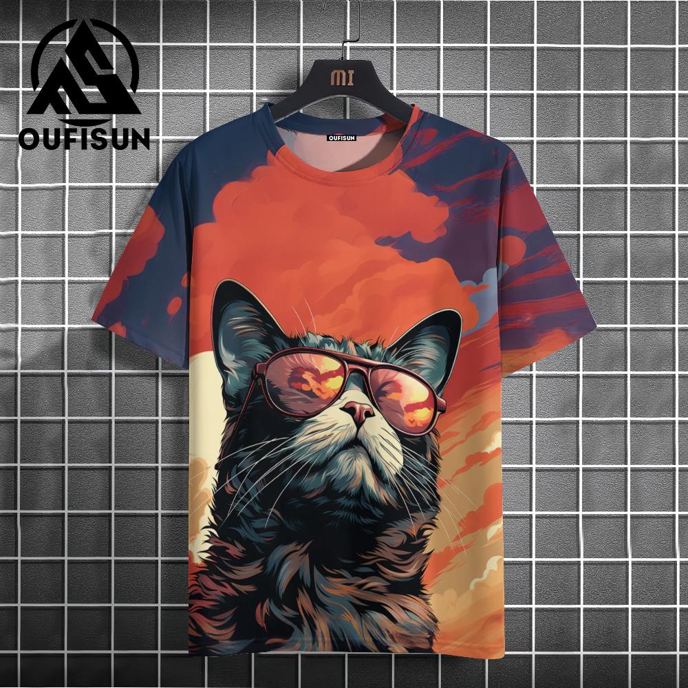 Funny T-shirt Cartoon Cat Pattern Men's T-shirt, 3D Printing Casual Pullover
