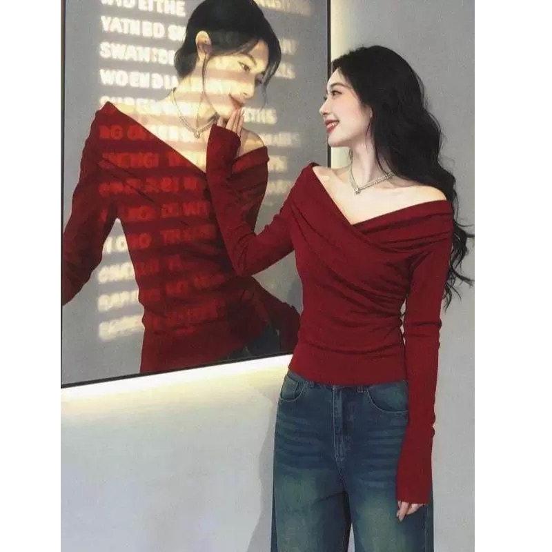 Plus Size Grey Cross-Neck Slim-Fit Knit Top for Women - Long Sleeve Spring Arrival, Slimming Inner Layer