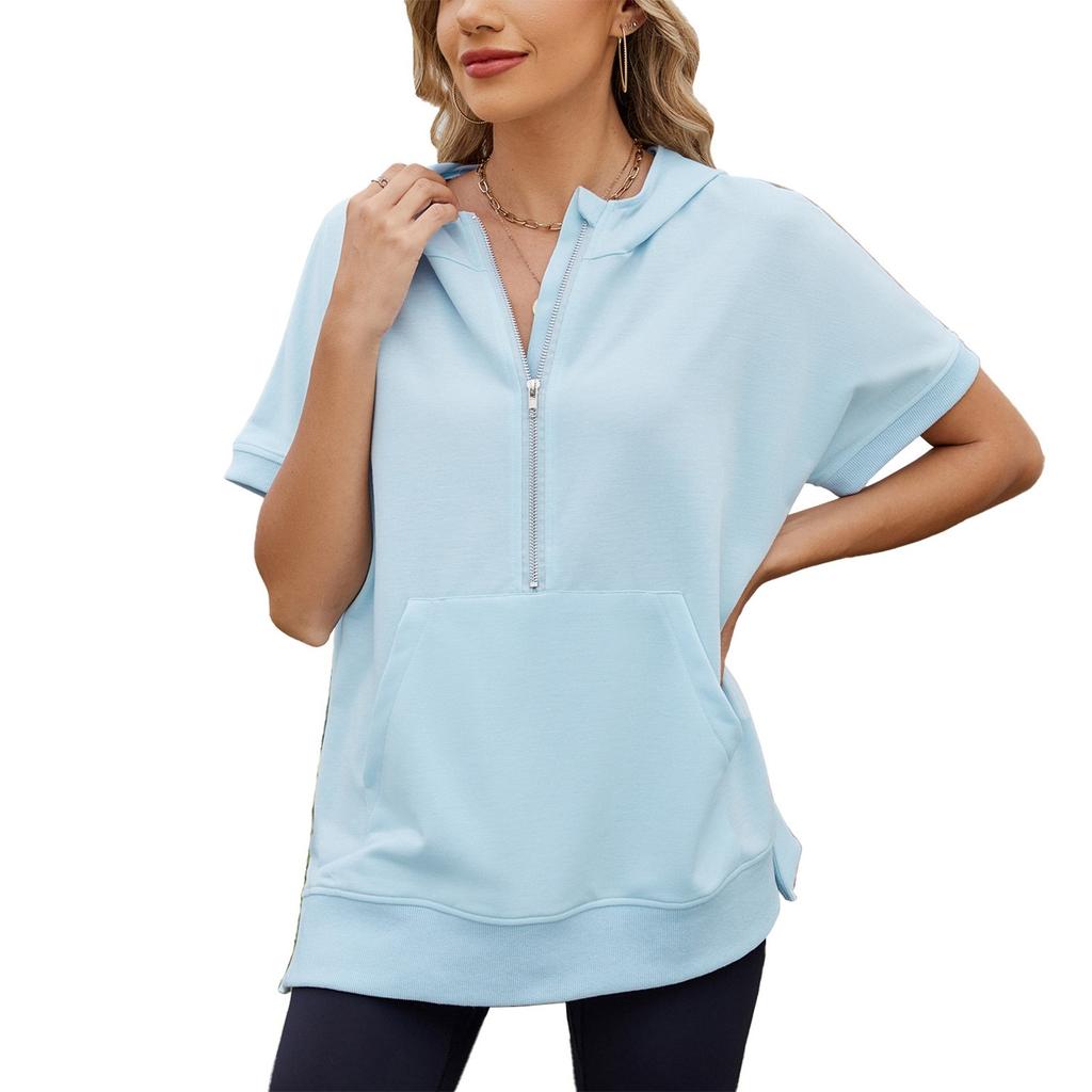 Женская мода однотонный свободный короткий рукав с капюшоном и карманом на молнии