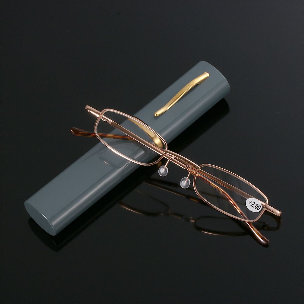 Small Compact Spring Hinge Eyeglass Portable Presbyopic Glasses Reading Glasses with Pen Tube Case