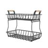 2 Tier Fruit Storage Basket Kitchen Countertop Organizer with Wooden Handle Mesh Carbon Steel Bowl for Bread Vegetable
