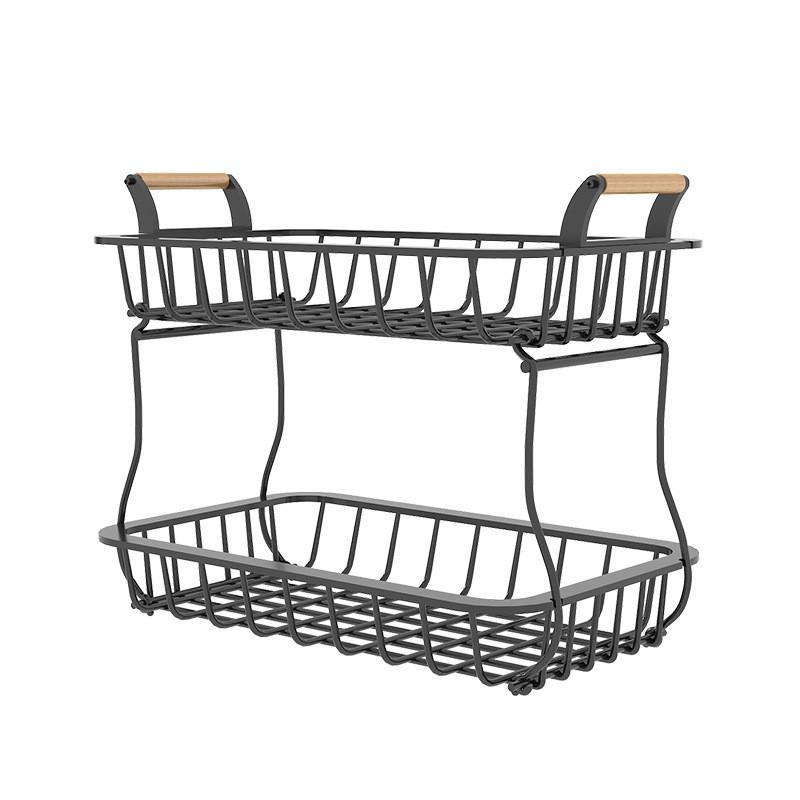 2 Tier Fruit Storage Basket Kitchen Countertop Organizer with Wooden Handle Mesh Carbon Steel Bowl for Bread Vegetable
