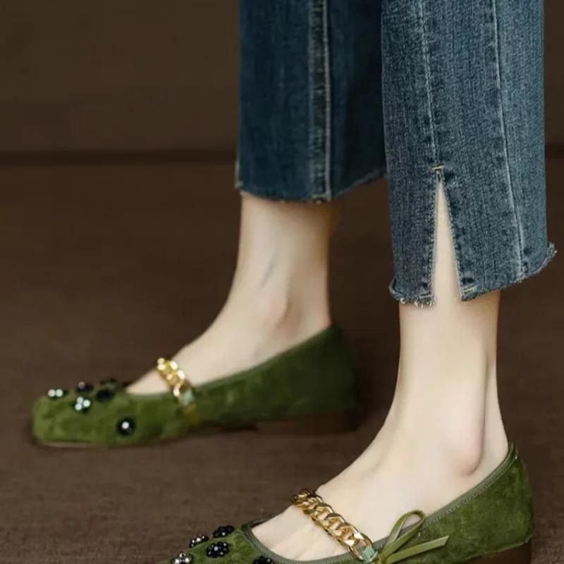 Square Toe String Bead Mary Janes Slip-on Chain Ladies Shoes 2024 High Quality Spring/Autumn Novelty Pumps Sapatos Mary Jane