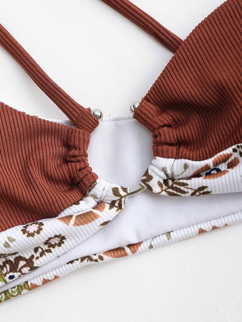 ZAFUL Metal Ring One Shoulder Ethnic Printed Bikini Swimwear