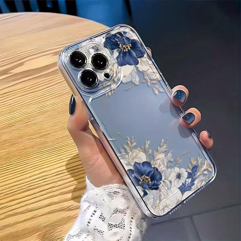 Прозрачный чехол для телефона с дизайном сине-белых цветов для iPhone 17 16 15 14 Pro Max 13 12 11 XS X XR 7 8 Plus 16e 17Air Мягкий чехол из ТПУ