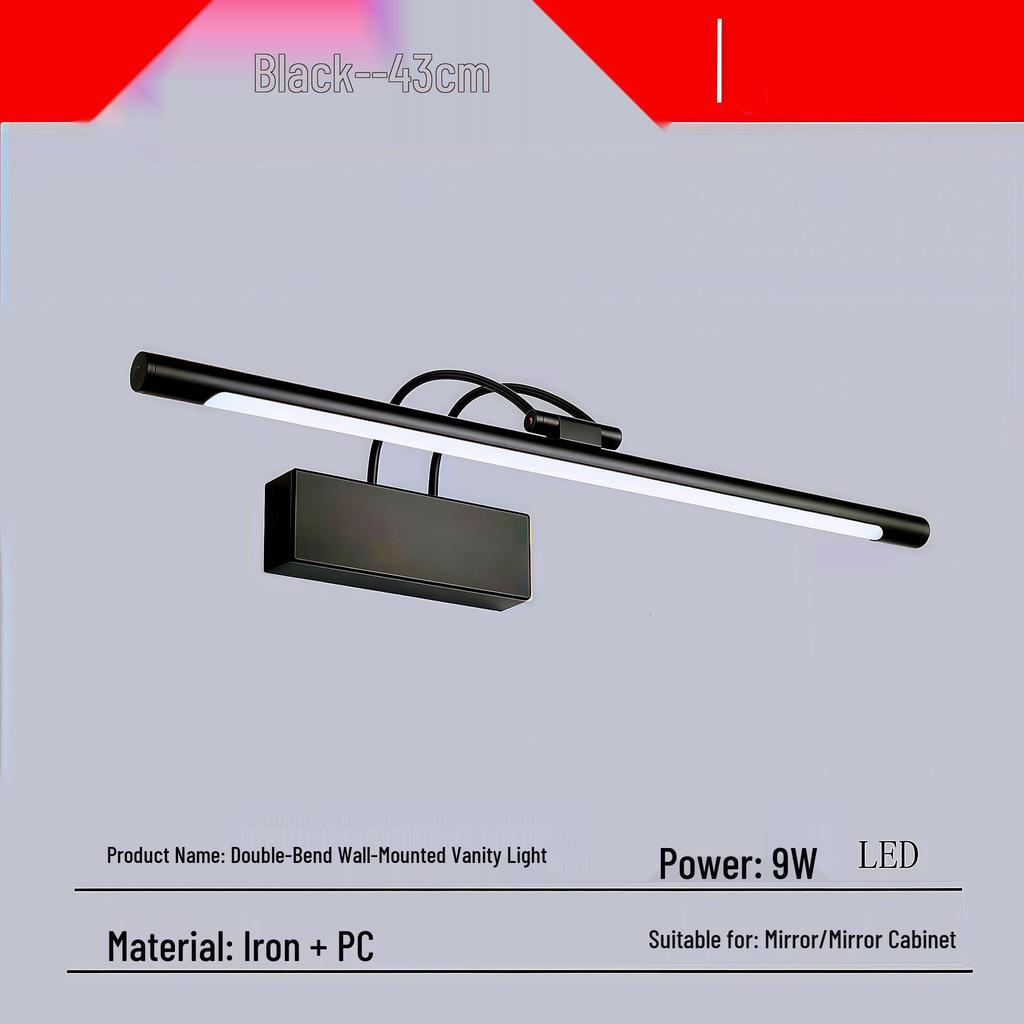 Punch-Free LED Vanity Light: Double-Bend Wall-Mounted, Waterproof, Fog-Proof Makeup Mirror Light with Iron Bracket for Bathroom