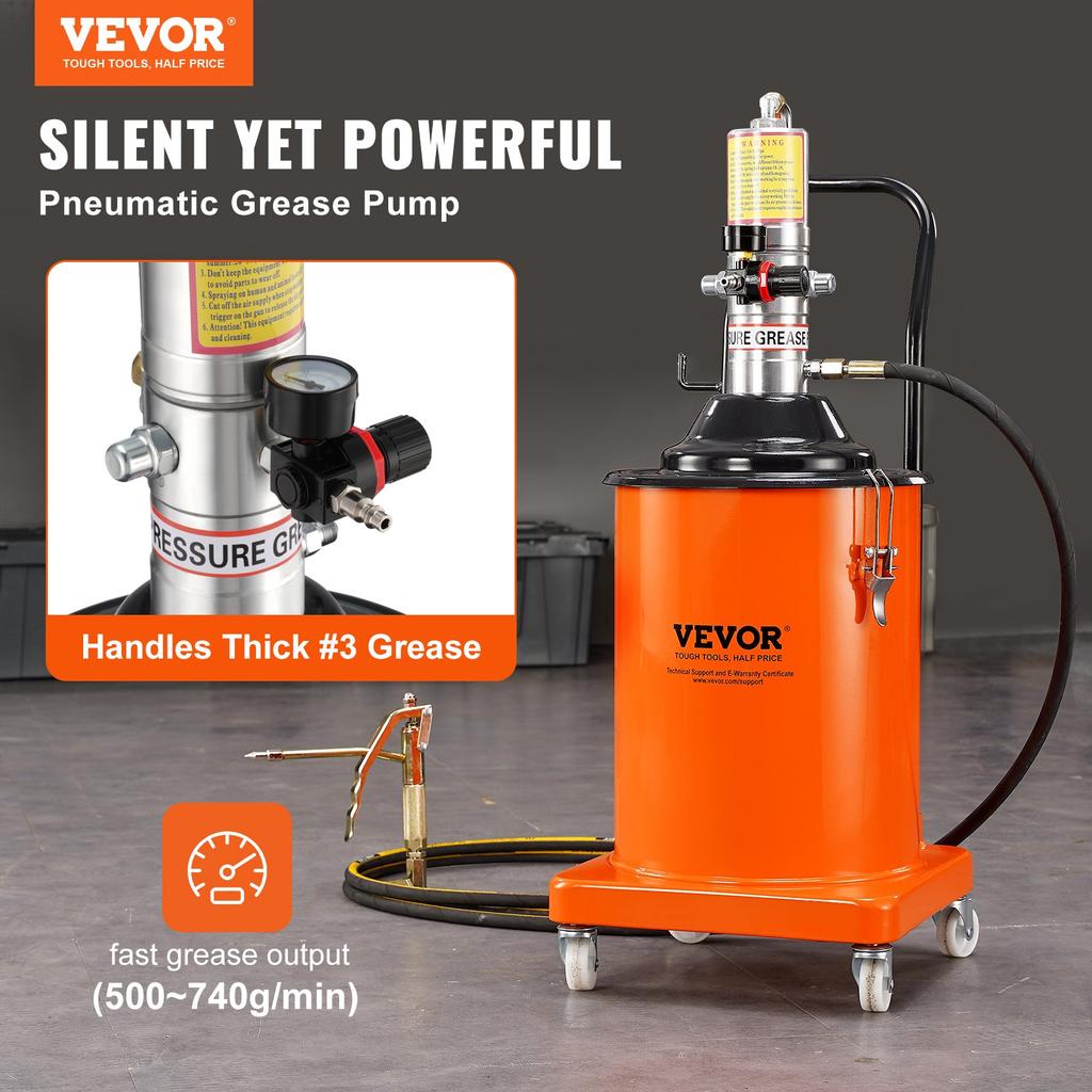VEVOR Grease Pump, 5 Gallon 20L, Air Operated Grease Pump with 13 ft High Pressure Hose and Grease Gun, Pneumatic Grease Bucket Pump with Wheels
