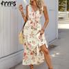 Women's Fashion Summer Spring Flower Pattern Print Sleeveless V-Neck High Waist Casual Dresses