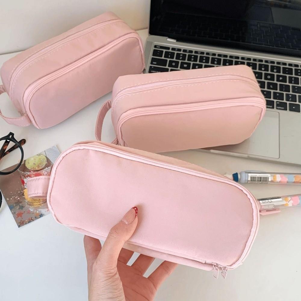 Pink Cloth Multilayer Pencil Case Large Capacity Solid Color Pencil Pouch Kids Children