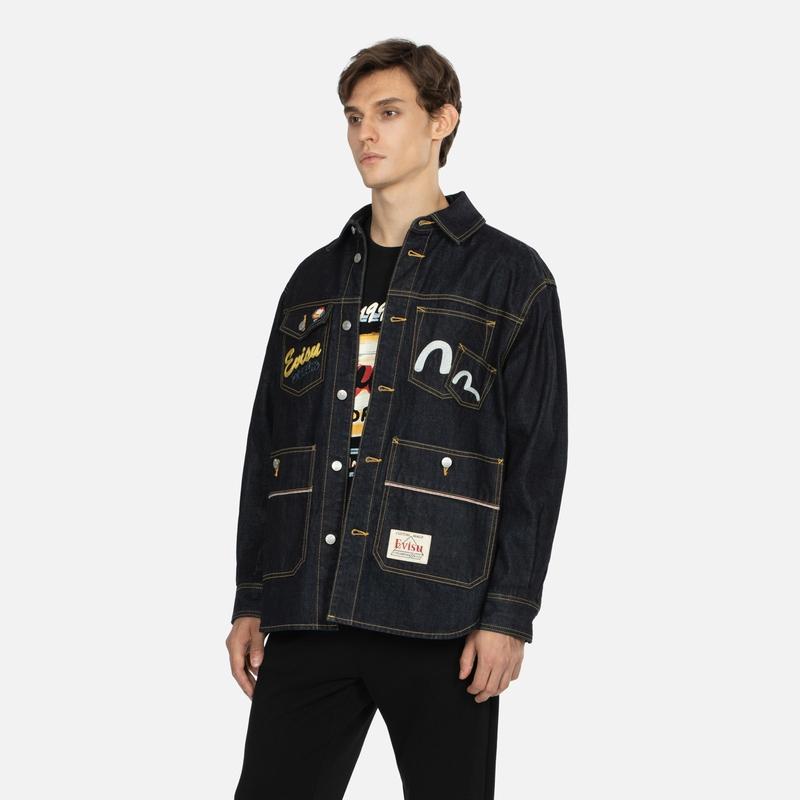 Evisu AW23 Фестиваль Огненного Мальчика Хинаты Узор Печатный Обычная Посадка Джинсовая Рубашка-Куртка Мужская рубашки Джинсовый-Синий 2EAHTM3SJ1024XXDN