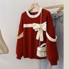 Butterfly Bow Ribbon Women's Sweater Red Christmas Round Neck Long Sleeved Knitted Sweaters Autumn Loose Casual Woman New Holiday Top