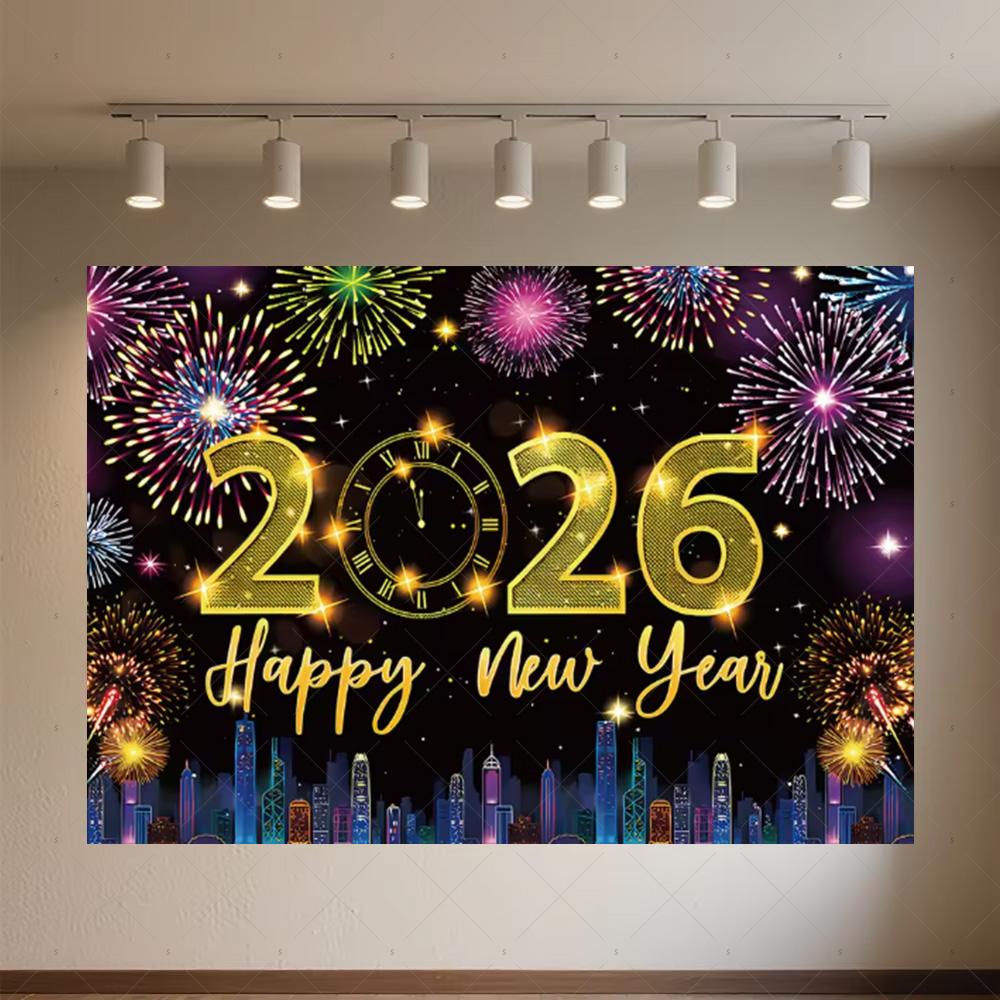 Black Gold New Year Background Banner Glitter 2026 Happy New Year Backdrop Supplies Balloons New Year Party Decoration Gifts
