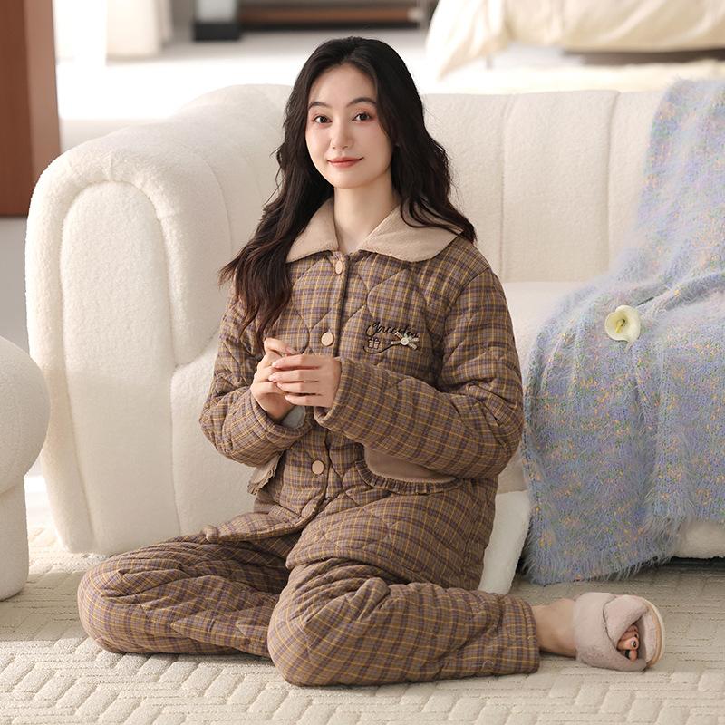 Пижама женская зимняя трехслойная утолщенная из чистого хлопка с хлопковой подкладкой осенне-зимняя бархатная теплая стеганая куртка комплект домашней одежды зимний