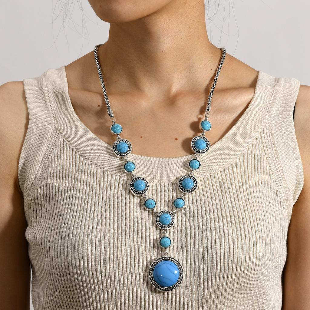 Boho Western Ethnic Vintage Antique Silver Alloy Geometric Imitation Turquoise Necklace Party Accessories For Women