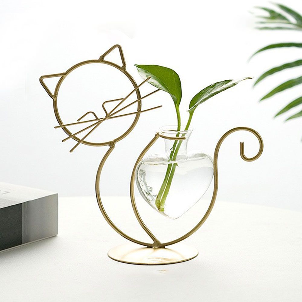 Simple Cat Iron Art Hydroponic Plant Vase Clear Glass Vase Plant Flower Pot Flower Arrangement