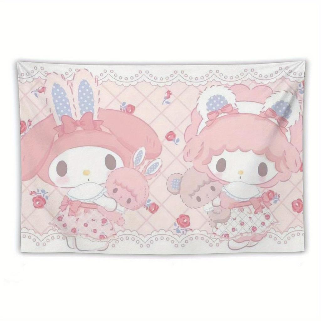 Гобелен с принтом My Melody и Black Beauty, синий и фиолетовый, мультяшные персонажи, цветочные украшения, идеально подходит для гостиных или